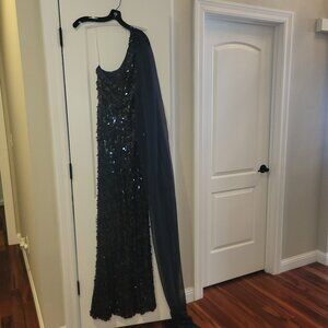 Navy Blue, 1 Shoulder, Sequin form fitting dress with (Custom) side shawl.